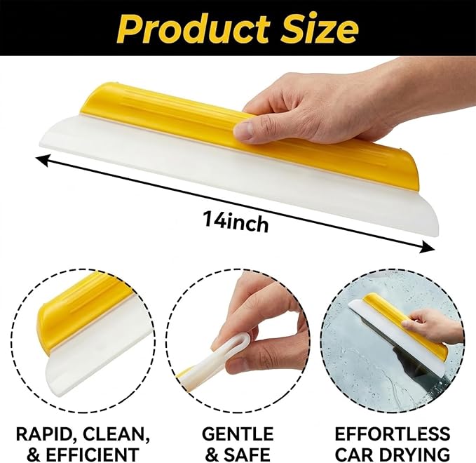 2 Pack 14 Inch Car Drying Squeegee, Yellow Flexible Silicone Water Blade for Window Shower, Auto T-Bar Rubber Wiper for Windshield & Bathroom