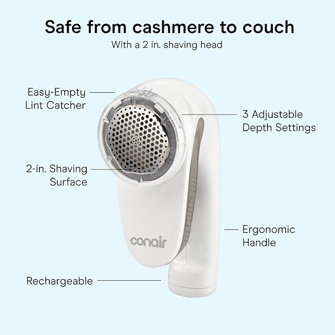 Conair Fabric Shaver & Lint Remover for Every Fabric, Rechargeable, 2" Head | Portable sweater shaver and fabric shaver for furniture with 3 depth settings, ergonomic handle, and a lint catcher