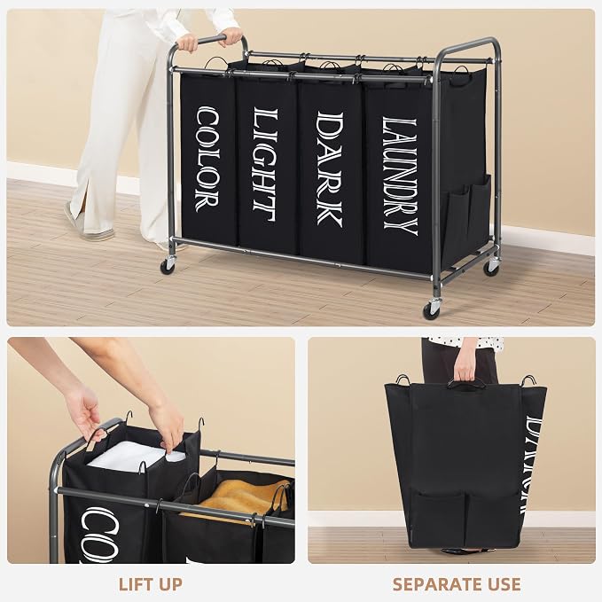 STORAGE MANIAC Laundry Sorter 4 Section, 47.5 Gal (180 L) Laundry Hamper with Wheels, Clothes Divider Basket Sorter, Separator Hamper Cart with Removable Bags, Label Black