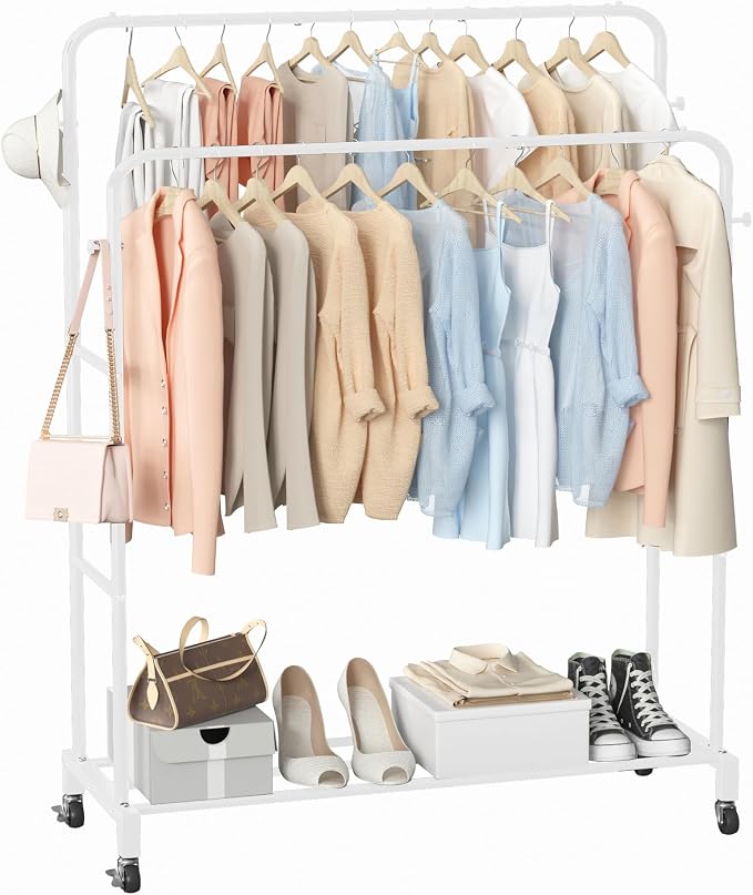 Sooyee Double Rod Clothing Rack with Wheels,3 Tier Garment Racks for Hanging Clothes,Portable Clothes Rack with 4 Hooks for Bedroom,Laundry Room,White