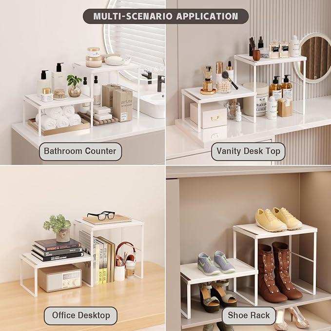 Kitchen Counter Oganizer Stackable Spice Rack for Countertop Kitchen Countertop Organizer Heavy Duty Kitchen Counter Shelf Metal Spicy Shelf for Countertop (2 Pack, White)