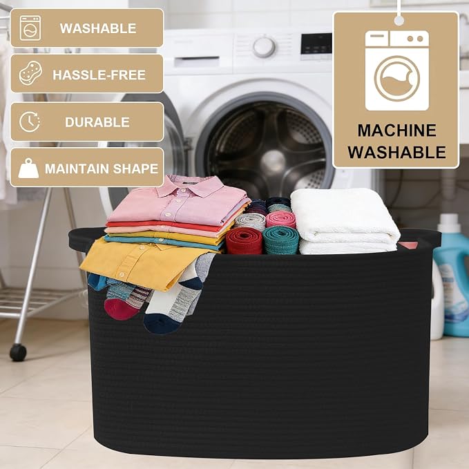 65L Large Laundry Basket with Handles,Woven Blanket Basket,Black | 21"×16"×12" Collapsible Cotton Rope Storage Basket for Toys Clothes & Pillows, Nursery, Bathroom, Bedroom, Living Room