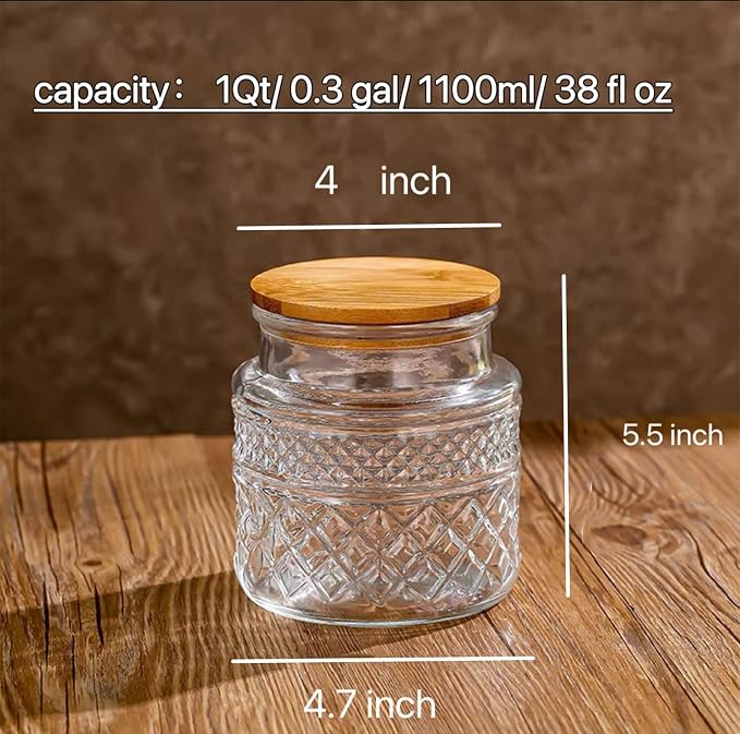 Prettidecor Glass Storage Jars, 38 FL OZ Airtight Canisters with Bamboo Lid, Decorative Kitchen Containers for Cereal, Nuts, Snacks, Candy, Cookies, Coffee, Tea
