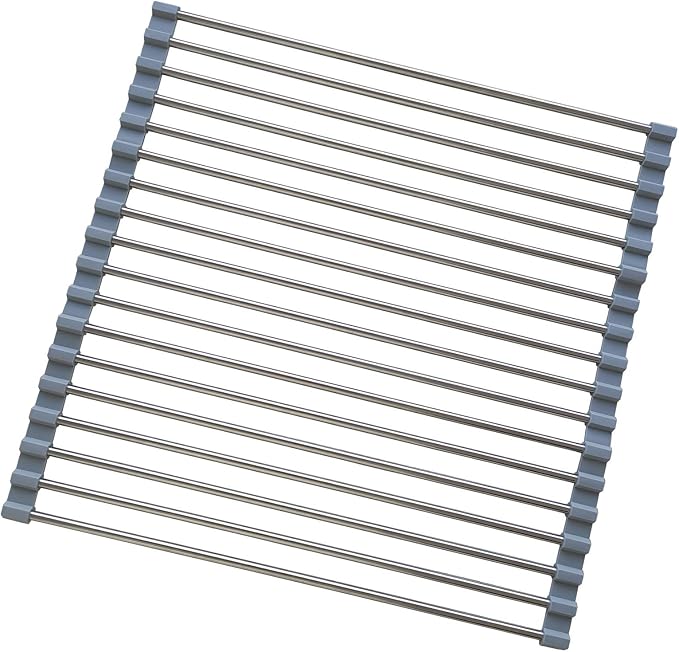 Roll Up Dish Drying Rack, Stainless Steel and Silicone Dish Drying Mat Over The Sink Foldable Drain Rack Multipurpose Dish Drainer for Kitchen, 14.5” x 14”, Gray