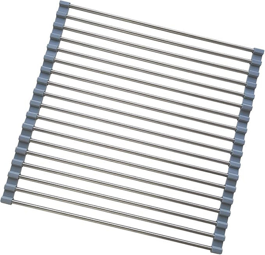 Roll Up Dish Drying Rack, Stainless Steel and Silicone Dish Drying Mat Over The Sink Foldable Drain Rack Multipurpose Dish Drainer for Kitchen, 14.5” x 14”, Gray