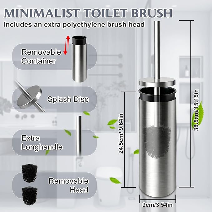 Toilet Brush and Holder Set,Stainless Steel Toilet Bowl Brush and Holder for Bathroom,Hidden Toilet Bowl Brush with 2 Heads,Heavy Duty Cleaner Brush with Removable Inner Bowl and Splash Protection