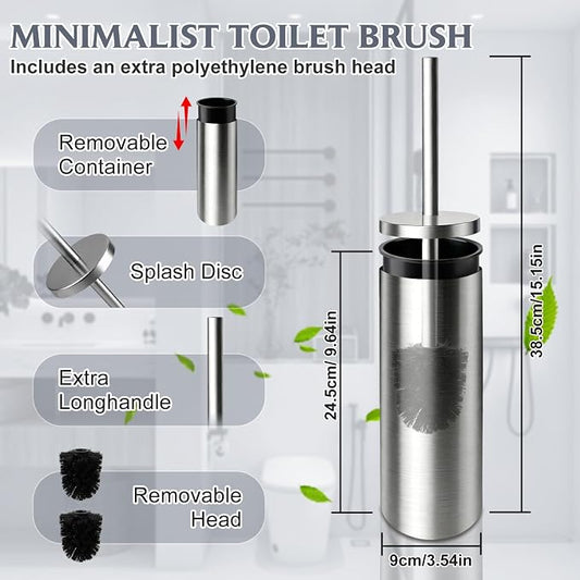 Toilet Brush and Holder Set,Stainless Steel Toilet Bowl Brush and Holder for Bathroom,Hidden Toilet Bowl Brush with 2 Heads,Heavy Duty Cleaner Brush with Removable Inner Bowl and Splash Protection