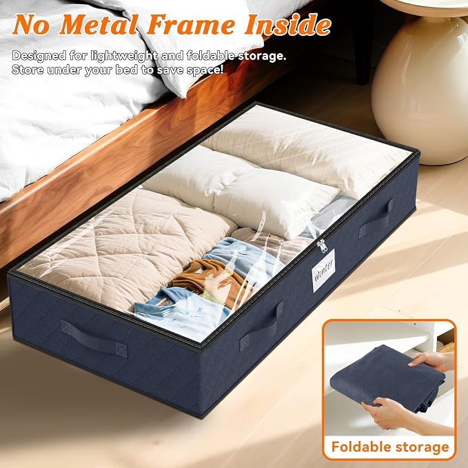 90L Under Bed Storage Containers, Storage Bags, Organizers, 4-Pack, Blue | Foldable, Soft Fabric, Closet Organizers, Reinforced Handle, Label Holder, Clear Window, for Comforters, Clothing, Blankets