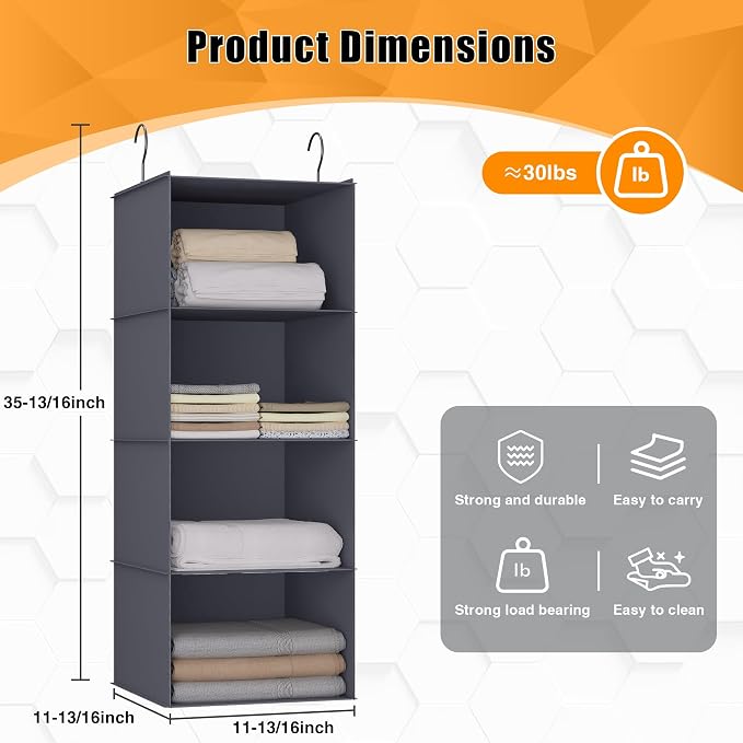 Hanging Closet Organizer 4-Shelf, Oxford Fabric Wardrobe Storage, Dark Grey | Easy-mount foldable design holds clothes, handbags, shoes & accessories; washable Oxford fabric, sturdy and space-saving.