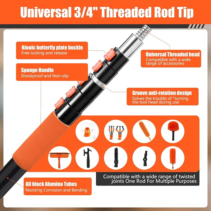30FT High Ceilings Cobweb Dusters for Cleaning Kit with Extension Pole | Telescoping Lightbulb Changer,Spider Web Brush Extendable Duster,Ceiling Fan Cleaner and Window Squeegee Cleaning