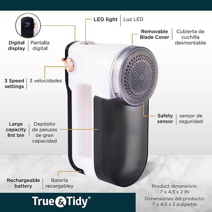 True & Tidy XL Rechargeable Fabric Shaver & Lint Remover w/Built-in Light