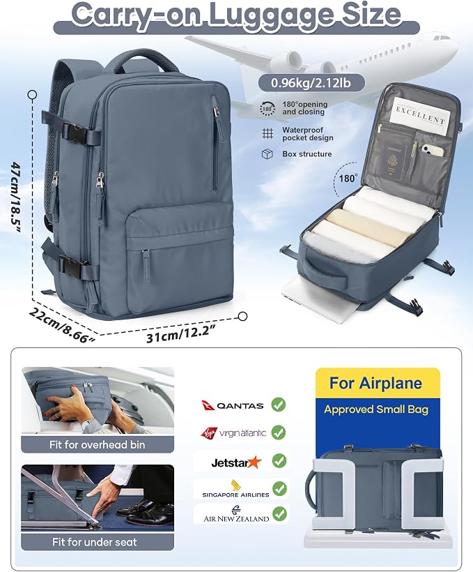 Large Travel Backpack Women Carry On Hiking Backpack Waterproof Outdoor Sports Casual Daypack Personal item Travel Bag Airplane Essentials Spirit Airline Flight Approved Shoes Compartment Jewel Blue
