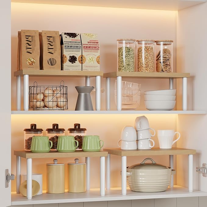 HOOBRO Cabinet Organizer Shelf, Set of 4, Kitchen Countertop Organizer, Kitchen Storage, Spice Rack for cabinet, Stackable, Expandable, for Countertop,kitchen,cabinet, White and Natural WN15TLP201