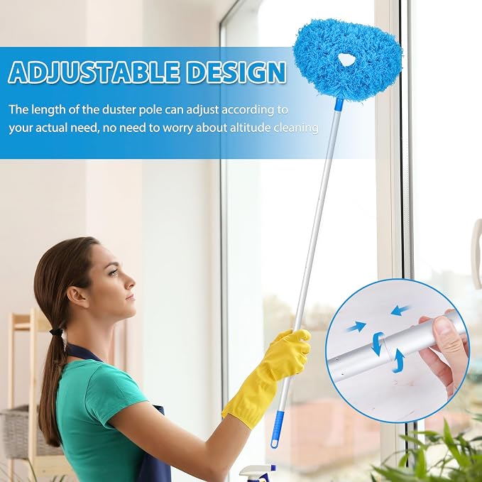 FONUNO Ceiling Fan Cleaner Duster High Ceiling Extended Fan Blade Cleaner | Reusable Microfiber Ceiling Fan Duster with Extension Handle from 13 to 50 Inch for Furniture Bookshelves Wall Door, Blue