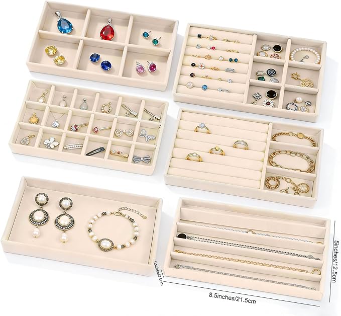 6-Piece Velvet Jewelry Organizer for Drawer with Removable Dividers | Stackable Jewelry Trays, Drawer Organizer Inserts Set with 2 Cleaning Cloths for Women Dresser Vanity