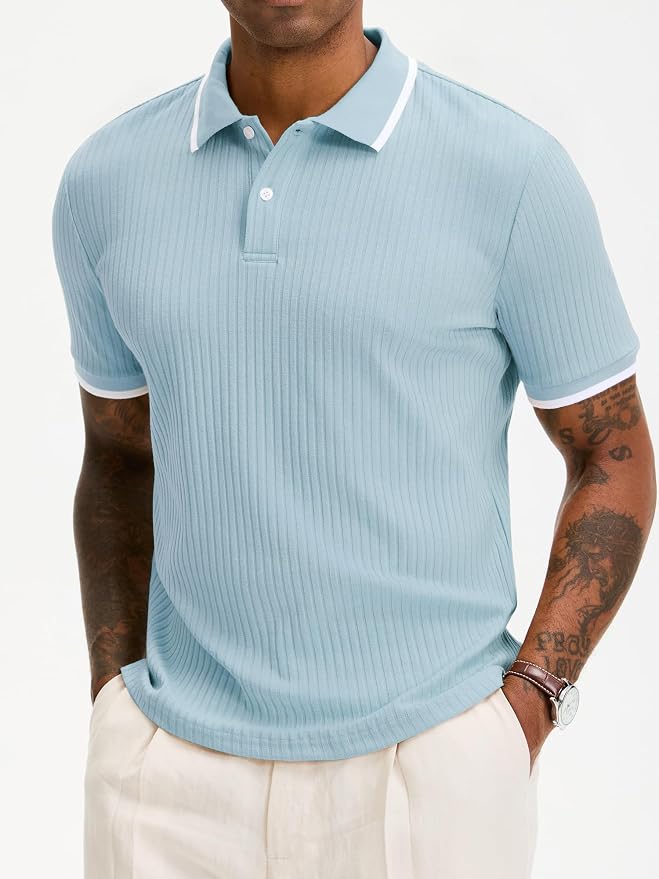 Comdecevis Men's Regular Fit Short Sleeve Knit Polo Shirts | Business casual, lightweight, breathable, stretch textured fabric, moisture wicking, easy care