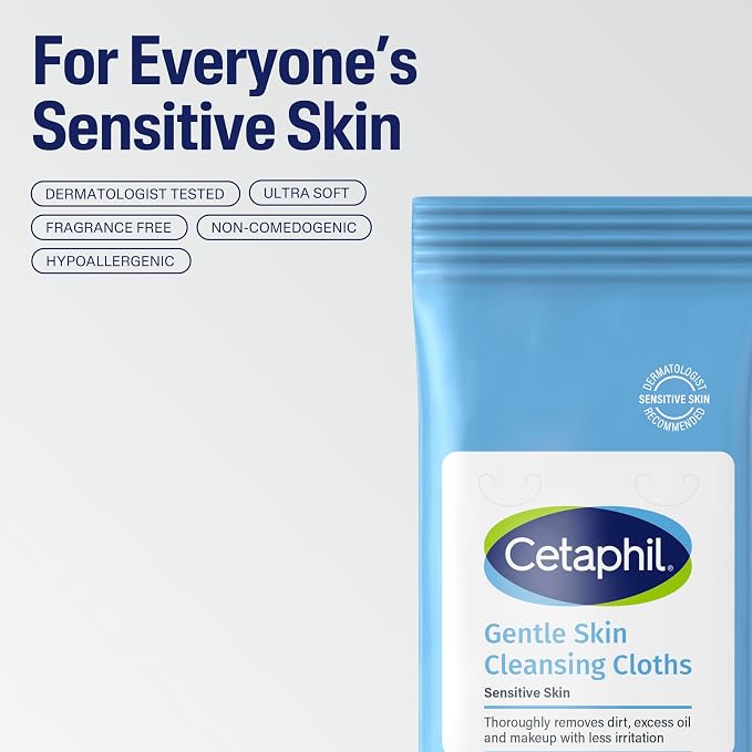 Cetaphil Face and Body Wipes, Gentle Skin Cleansing Cloths, 50 Count, Twin Pack, for Dry, Sensitive Skin, Flip Top Closure, Great for the Gym, Travel, in the Car, Hypoallergenic, Fragrance Free