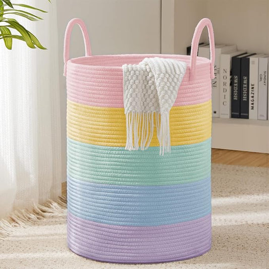 YOUDENOVA Cotton Rope Laundry Hamper Basket, 58L Blanket Basket for Nursery
