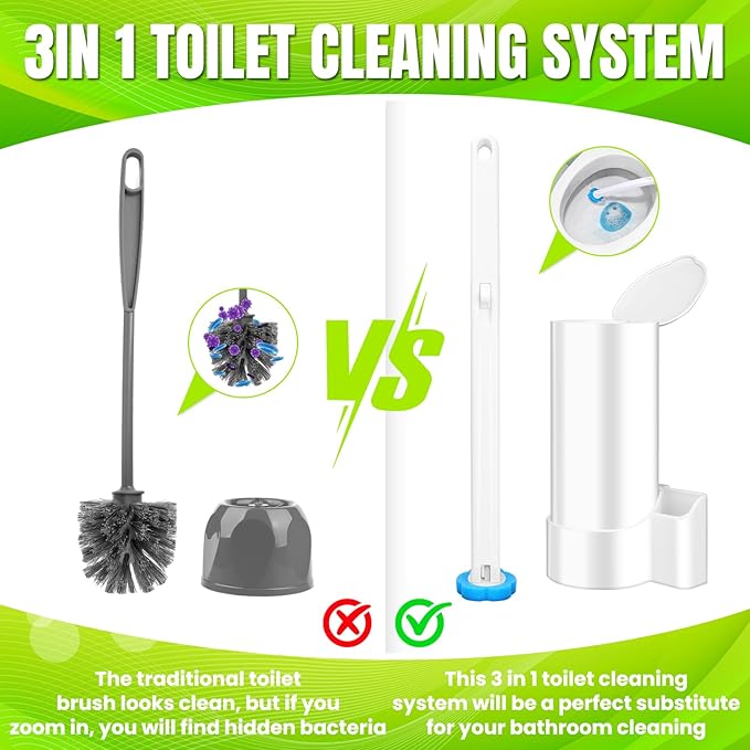 Disposable Toilet Brush, Extended Handle with 54 Cleaner Refills Toilet Brush for Toilet Bowl Cleaners, Bathroom Cleaning(2-Set)
