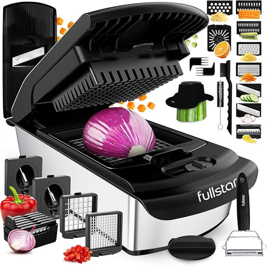 Fullstar Premium Vegetable Chopper and Mandoline Slicer - Food Chopper and Spiralizer with Container, Julienne Slicer, Fruit Slicer, Veggie Cutter, Kitchen Gadgets & Gift for Mom (14 in 1, Silver)