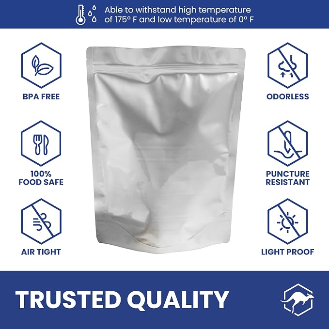 Wallaby 50 Count 2-Quart Gusset Mylar Bags with Labels, 14 Mil Total Thickness Long-Term Food Storage Pouches, 12x8 Stand-Up Zipper Heat-Sealable Airtight Packaging - Silver