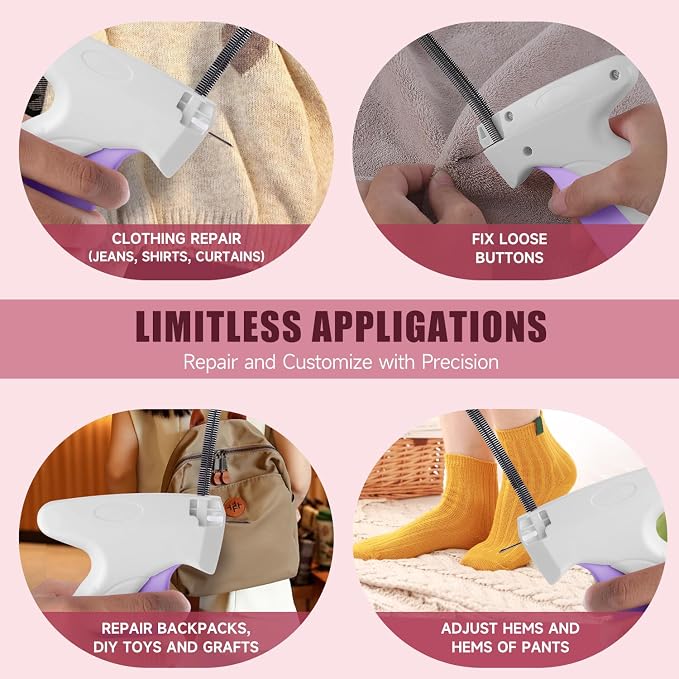 Micro Sewing Gun Stitch Gun for Clothes, White/Light Purple Color Versatile Stitching Gun for Hemming Pants Repairing Seams and More