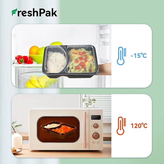 40 Pack 41oz Meal Prep Containers - Shrink Wrap Ready To Use | Reusable Leakproof 2 Compartment To Go Boxes | BPA-Free, Microwave & Freezer Safe | Portion Control Takeout Food Storage