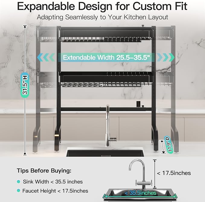MAJALiS 3 Tier Extra Large Stainless Steel Expandable Over The Sink Dish Drainer Drying Rack, Rust Proof Metal, Space Saving, Modern Black Big Capacity Extendable Plate Strainers Above Counter
