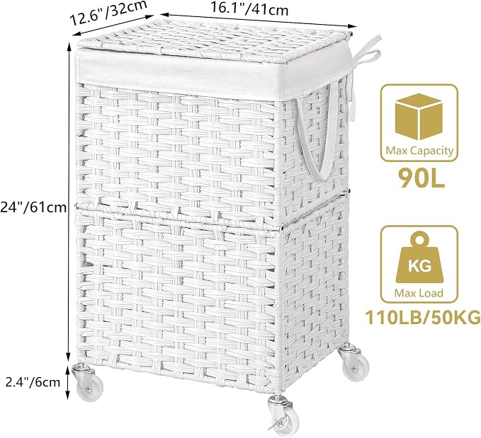 Chrislley Wicker Laundry Basket with Wheels,Rolling Laundry Hamper with Lid | 90L Slim Clothes Hamper with Wheels & Removable Liner Bag, Handwoven Rattan Laundry Organizer for Bedroom, Bathroom, White