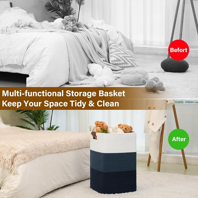 Laundry Hamper 96L Extra Large Laundry Basket, Woven Blanket Basket | Cotton Woven Storage Hamper with Handles for Living Room, Large Baskets for Pillows, Blankets, Clothes-Gradient Blue