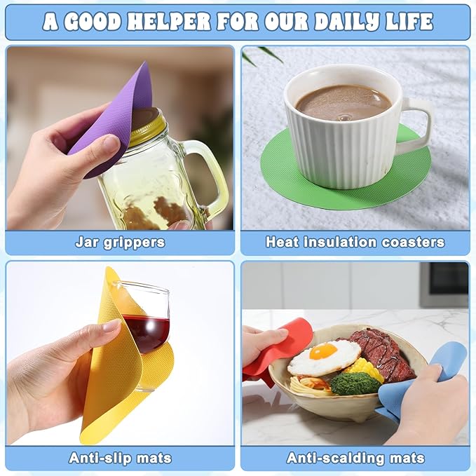 6 Pack Rubber Jar Opener Gripper Pads, Non-Slip Silicone Round and Square Bottle Opener Set, Multi-Purpose Lid Grippers for Seniors with Arthritis Weak Hands, 6 Colors Kitchen Gadget