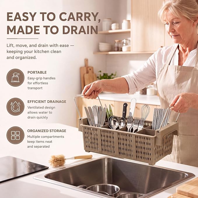 Maxdot 16inch Dishwasher Silverware Cutlery Basket 8 Compartments Washing Basket with Handle Utensil Holder Silverware Drying Rack for Kitchen Commercial (Coffee,Portable)