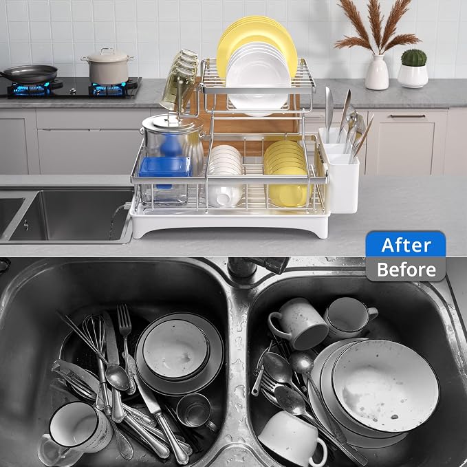 Godboat 2-Tier Dish Drying Rack - 304 Stainless Steel Dish Rack Auto Drain | Dish Racks for Kitchen Counter, Dish Drainer with Knife Fork & Cup Rack, Gifts for Women, Mothers Day, Kitchen Gadget, Silver