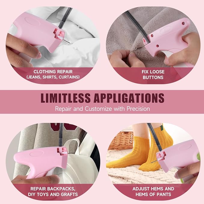 Pink and White Stitch Gun for Clothes - Quick Stitch Sewing Gun for Clothing Fixer Includes 2000 Black Fasteners & 2000 White Fasteners with 6 Need