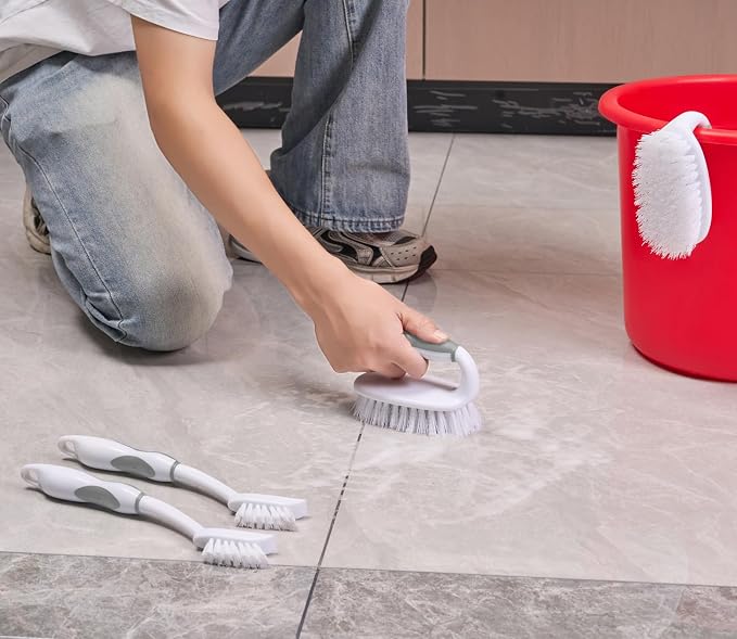 Scrub Brush Set, 4 Pack Deep Cleaning Brush Kit - 2 Scrub Brush, 2 Tile & Grout Brush with Built-in Scraper, Household Commercial Scrubber for Floor, Shower, Pool Wall, Tub (Gray)
