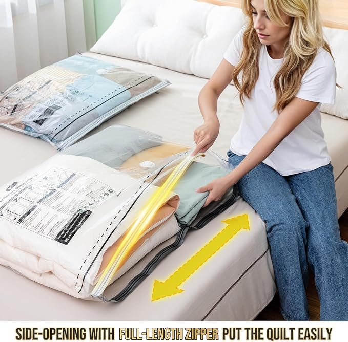 TAILI 8 Pack Vacuum Storage Bags, 2 Size Combo(4 Large+4 Jumbo), LONG SIDE ZIP Vacuum Seal Bags for Clothing, Space Saver for Beddings, Comforters, Blankets, Pillows