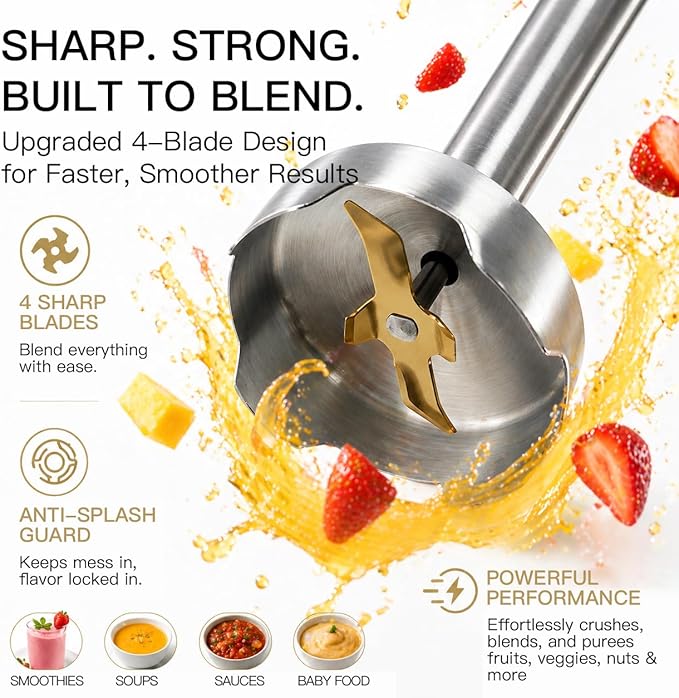 MegaWise 5-in-1 Hand Blender, Powerful Immersion Stick Blender with Titanium Reinforced Blades, 12-Speed Control, Includes Chopper, Beaker, Whisk & Frother for Smoothies & Baby Food