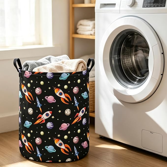 Round Laundry Basket Collapsible Storage Hamper Organizer Planet Rocket | Waterproof Canvas Foldable Baskets with sturdy Handles Multi-scene Organizer for Home Play Bedroom Gift Bin