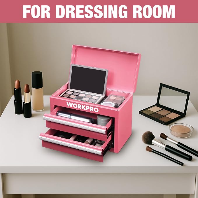 WORKPRO Metal Mini Tool Box with 2 Drawers and Top Storage | Cold Rolled Steel Toolbox, Ball Bearing Slides, PVC Drawer Liners, PP Feet Pads, Durable Storage