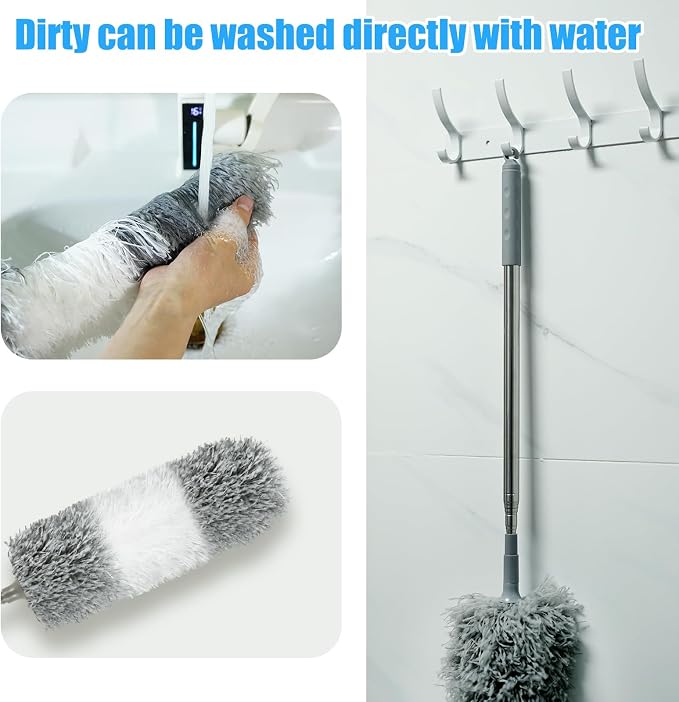 Microfiber Feather Duster, 110 Inch Extendable Telescoping Pole Duster with Bendable Washable Head, Long Handle Cleaning Duster for Ceiling Fan, High Ceiling, Blinds, Furniture and Cars (2 Pcs)