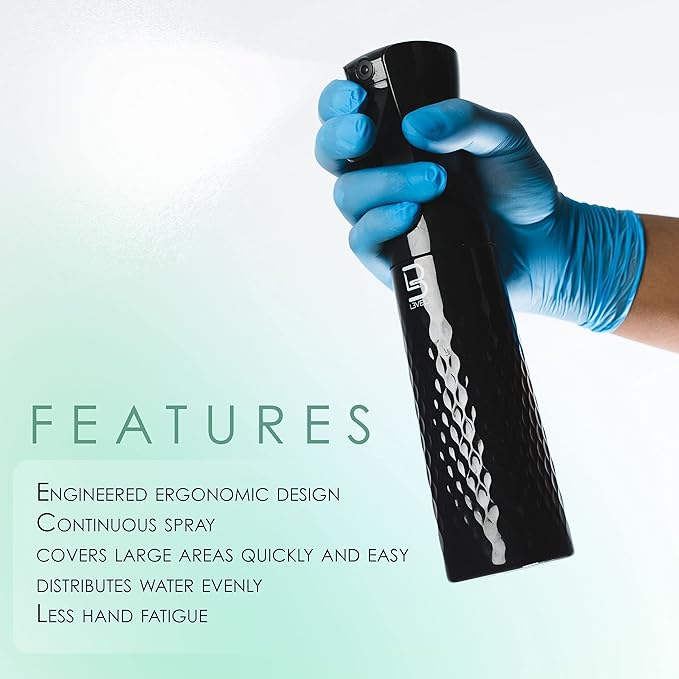 L3 Beveled Spray Bottle - Continuous Spray with a Fine Mist Pattern - Barber and Hair Stylist Supplies - Less Hand Fatigue Compared to Standard Bottles - Level Three Barber Spray - 300 ml (Black)