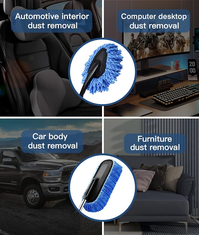 YeewayVeh Car Duster Kit, 2-Pack Microfiber Dust Brush, Blue | Scratch-Free Pollen Dusters, Extendable & Dash Duster for Exterior Interior Cleaning