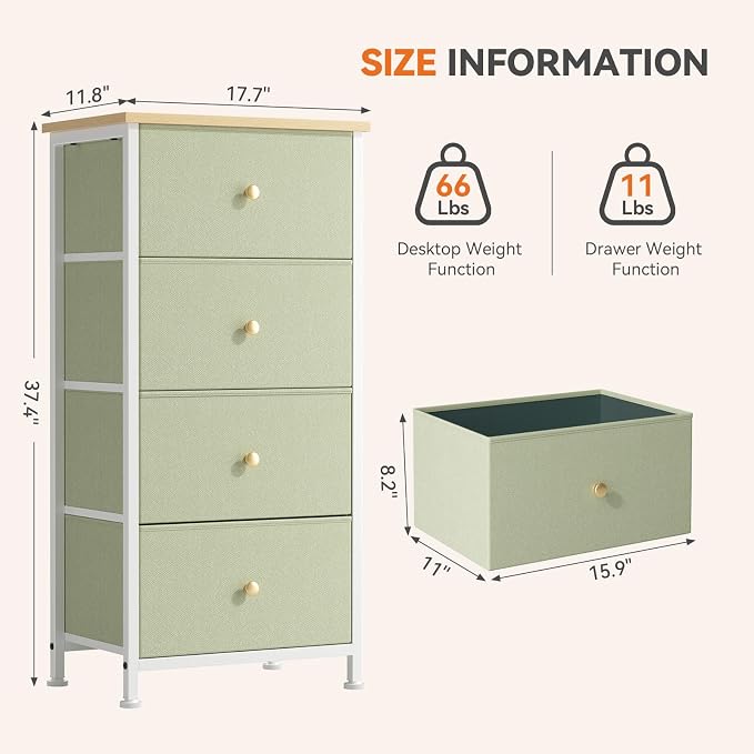 Sweetcrispy Dresser for Bedroom, 4 Drawer Storage Cabinet, Tall Nightstand | Small Fabric Dresser for Closet, Chest of Drawers, Closet Organizer, Home Furniture, Sturdy Frame, Light Green