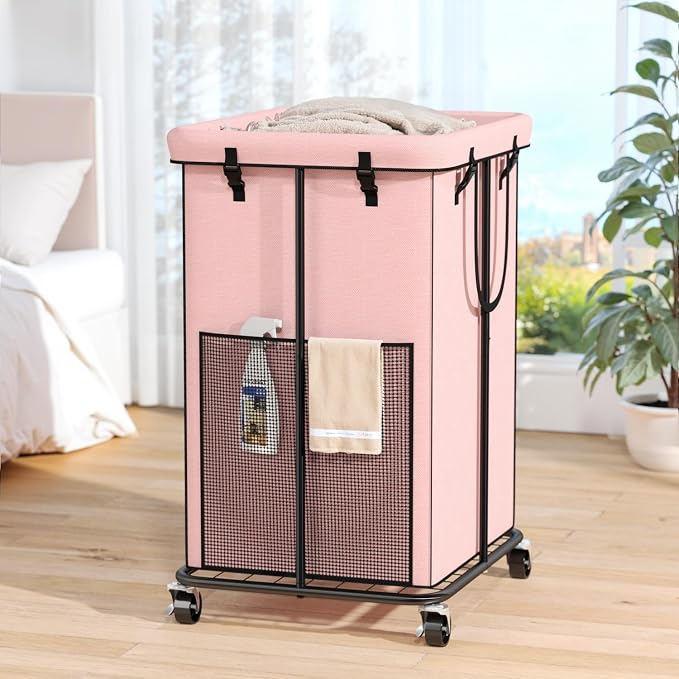 Laundry Hamper with Wheels, 150L Rolling Laundry Basket with Bag & Handles | Sturdy Metal Frame | Removable Bag | Large & Tall Dirty Clothes Hampers for Laundry Room, Bedroom, Dorm, Bathroom-Pink