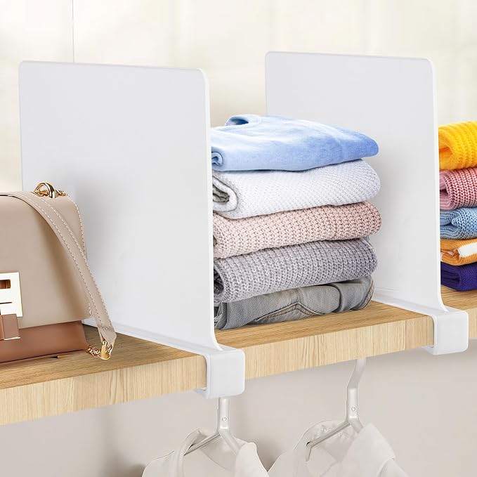 White Acrylic Shelf Dividers for Closets Organizer & Storage,12 Pack | Adjustable Vertical Wood Shelf Closet Separators, Keep Clean, for Clothes,Book,Bags, in Bedroom and Kitchen