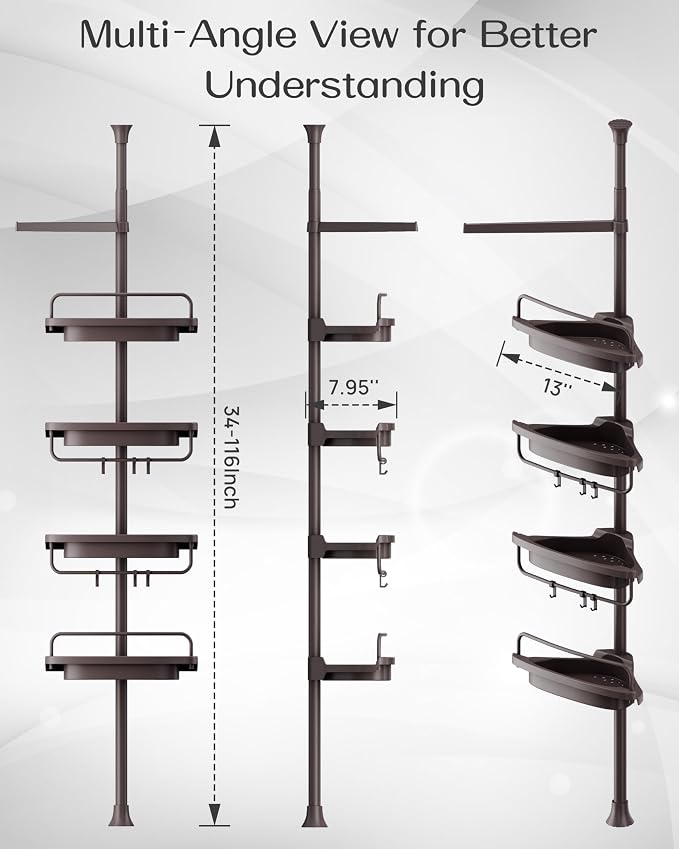 ALLZONE Corner Shower Caddy Tension Pole, Extendable Rustproof Stainless Steel Pole & 4-Tier Adjustable Shelves for Easy Drainage and Built-to-Last Stability, 34 to 116 Inches, Brown