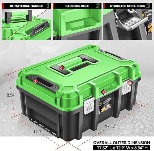 Auto Dynasty 17-Inch Tool Box, 2Pcs Toolboxes Organizer Storage with Removable Tray and Portable Handle for Garage Workshop Home Office Car Trunk, Green