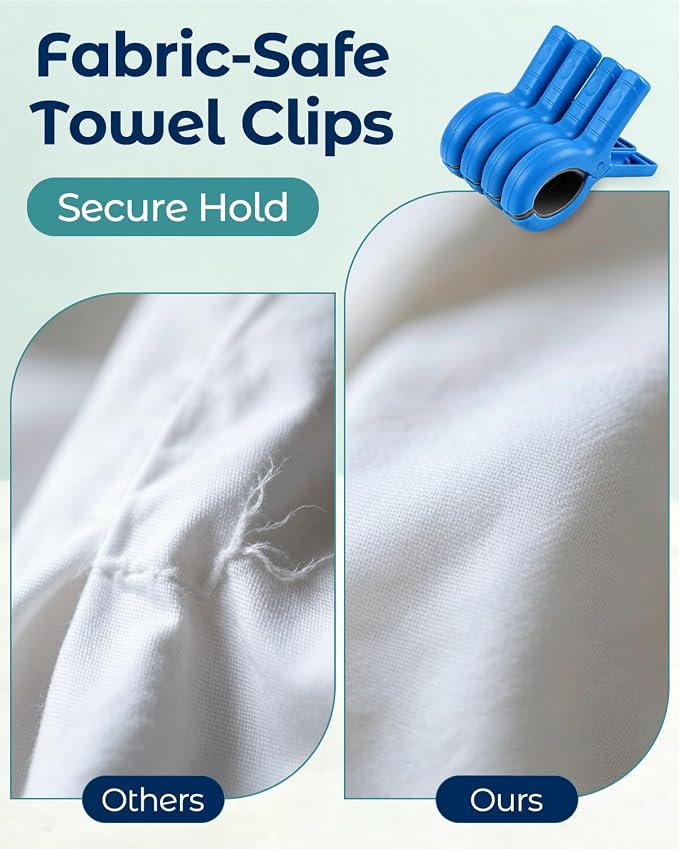 10 Pack Beach Towel Clips Heavy Duty Large Beach Essentials Chair Pool Clip | Deep Blue Clips with Strong Grip, Silicone Protection, Rust Resistant Spring, Multi-Use for Beach, Boat, Cruise & Outdoors