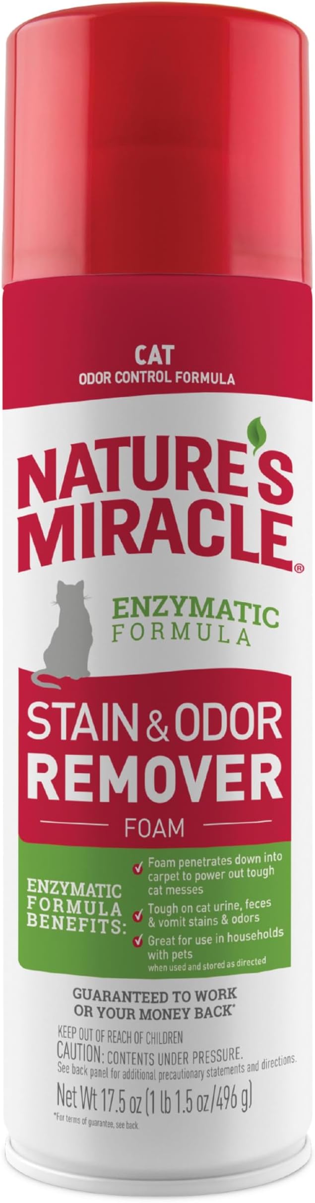 Nature’s Miracle Cat Stain & Odor Remover Foam, Enzymatic Cleaner, 17.5 oz | Tough on Cat Urine, Feces, Vomit, Drool and Other Organic Stains and Odors, Foam Penetrates Into the Carpet, Fresh Scent