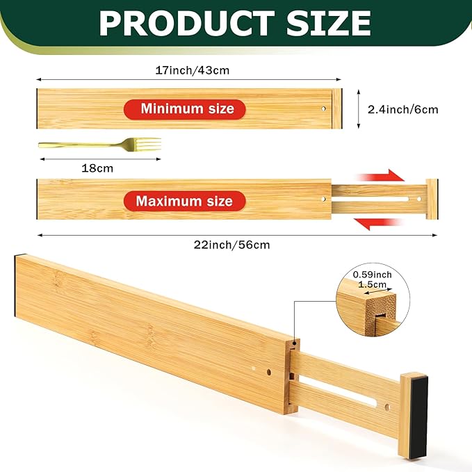 Lzerking Kitchen Drawer Dividers 6 Pack Bamboo Drawer Organizers | 17-22" Adjustable, Spring Loaded, Expandable Utensil Organizer, Works in Kitchen, Dresser, Closet, Bathroom, Bedroom